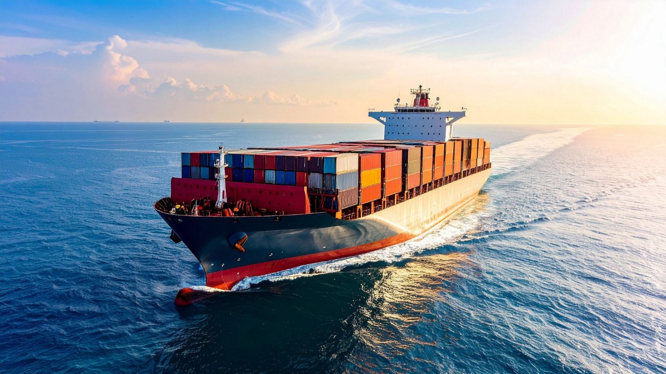 Container ship crossing open sea, representing overseas sourcing and import logistics